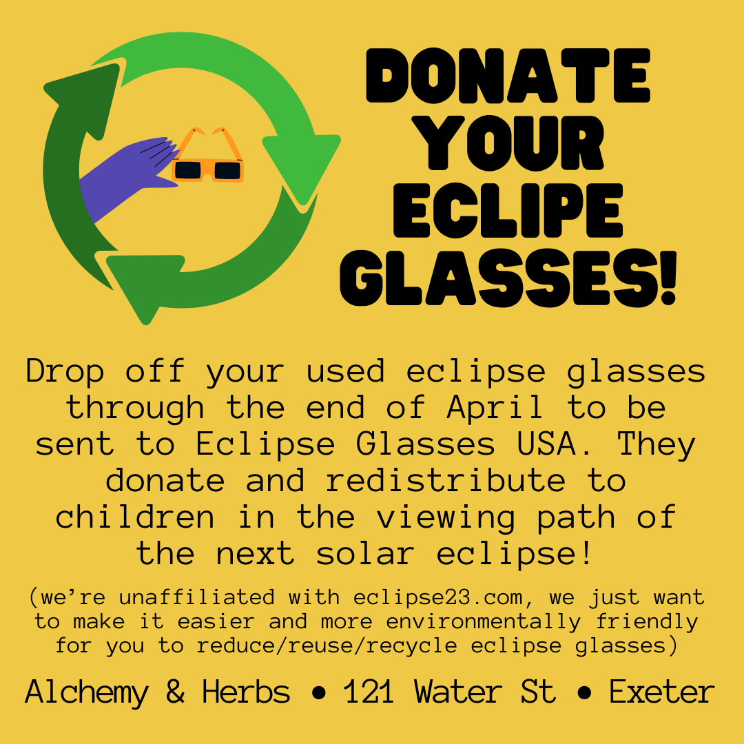 Donate Your Eclipse Glasses - Drop off your used eclipse glasses through the end of April to be sent to Eclipse Glasses USA. They donate and redistribute to children in the viewing path of the next solar eclipse!