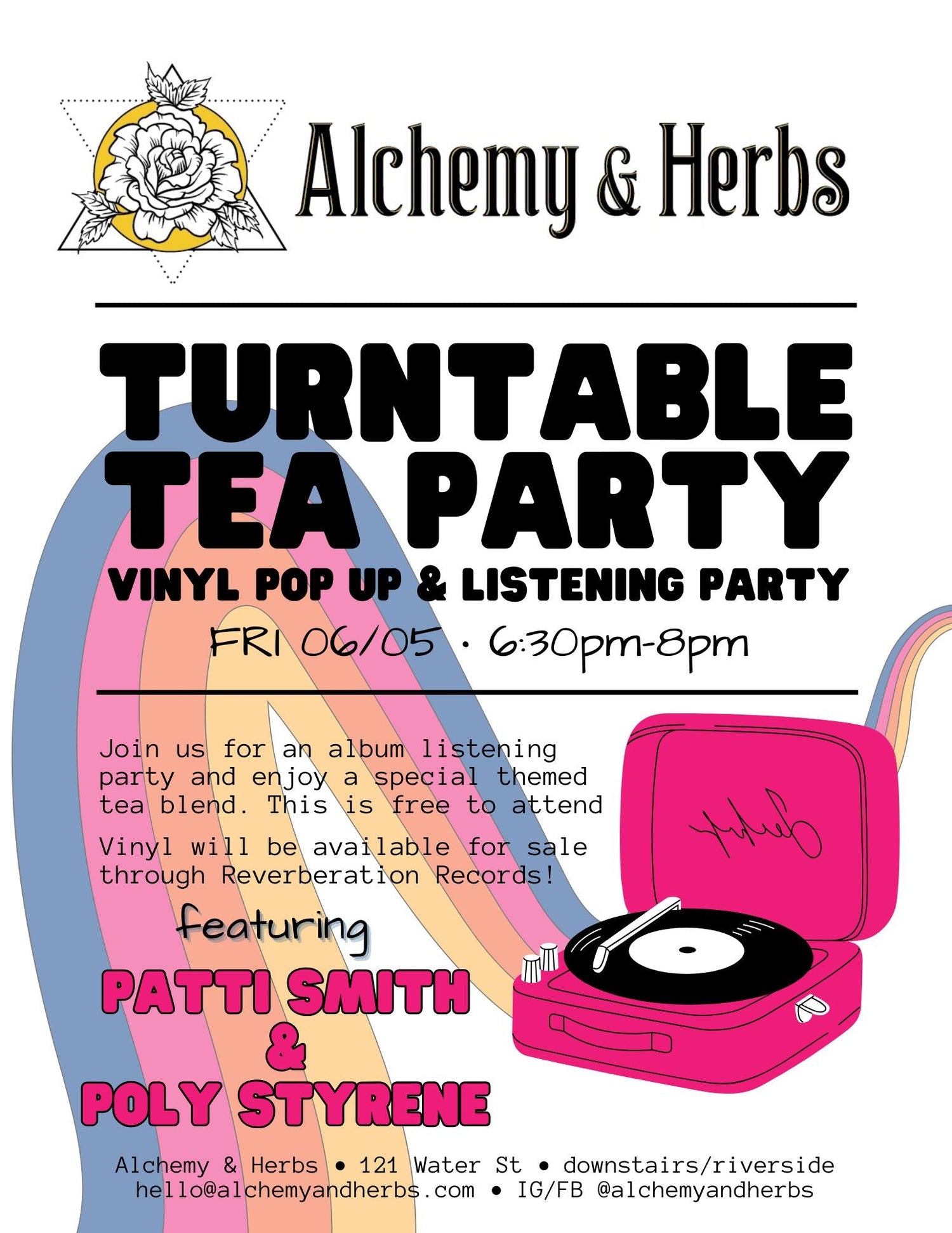 Turntable Tea Party Flyer containing a super short version of what is listed in this blog. Background is a drawn suitcase style record player with a 4-color rainbow wave coming out of the side