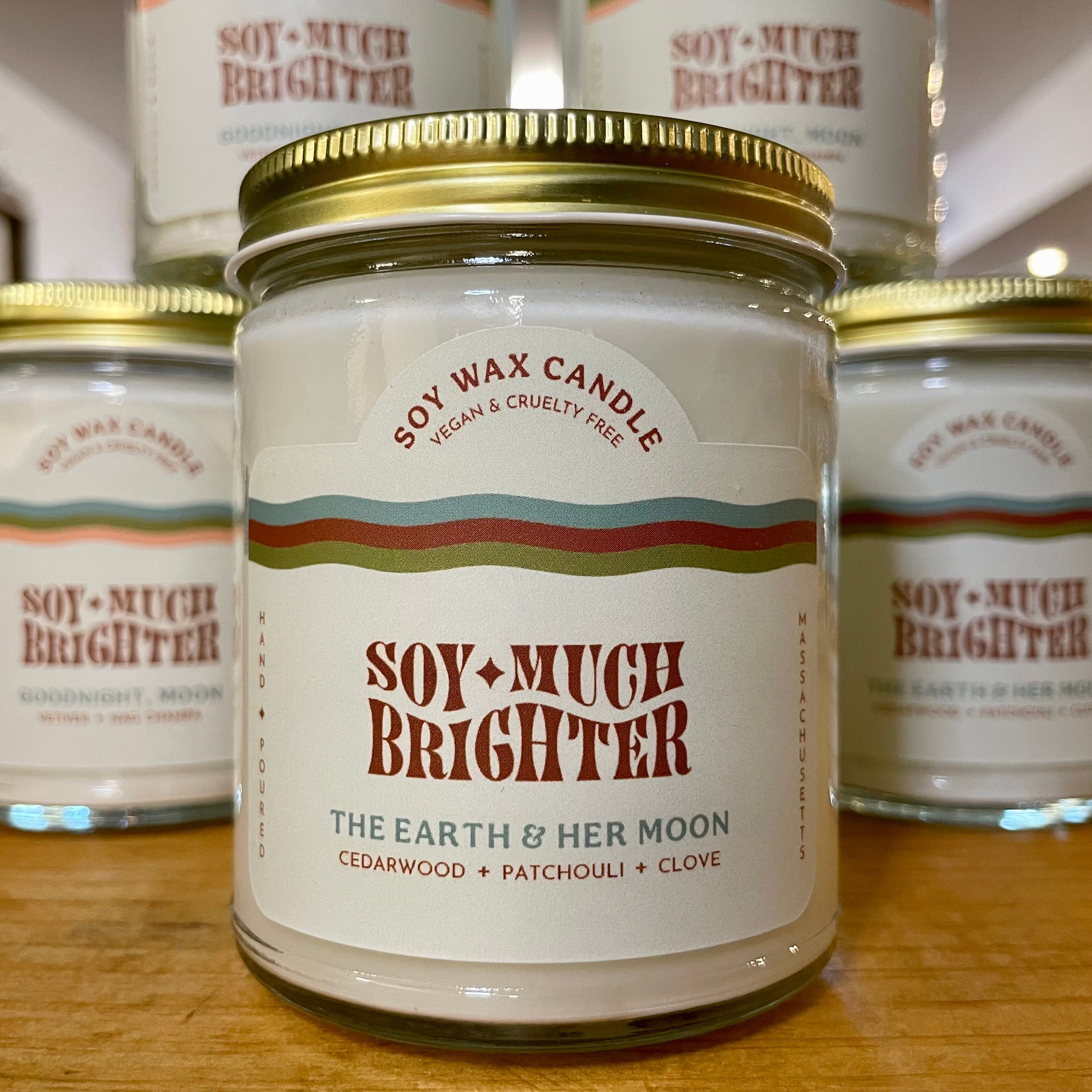 Soy Candle by Soy Much Brighter in an 8oz glass jar with gold twist top