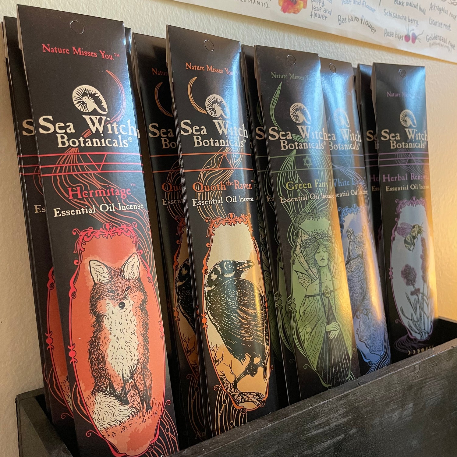 Five Natural Incense Scents  by Sea Witch Botanicals, in black packaging with different color labels